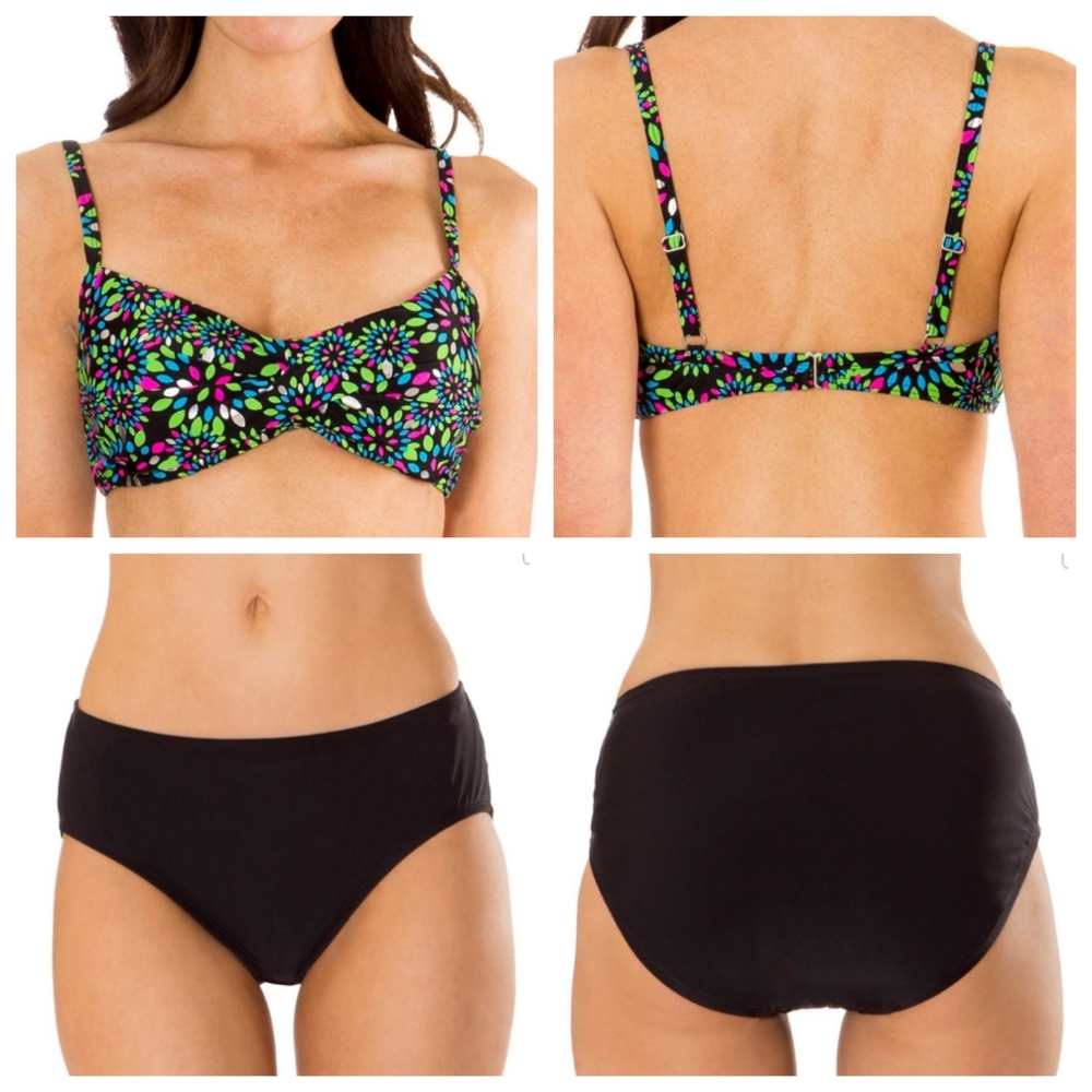 Mazu black & neon floral twist-front bikini set, XL, NWOT
